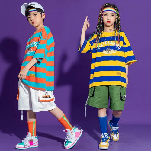 Children's yellow striped hip-hop jazz dance costumes boys short-sleeved striped rapper singers performance tide clothes girls jazz dance clothes